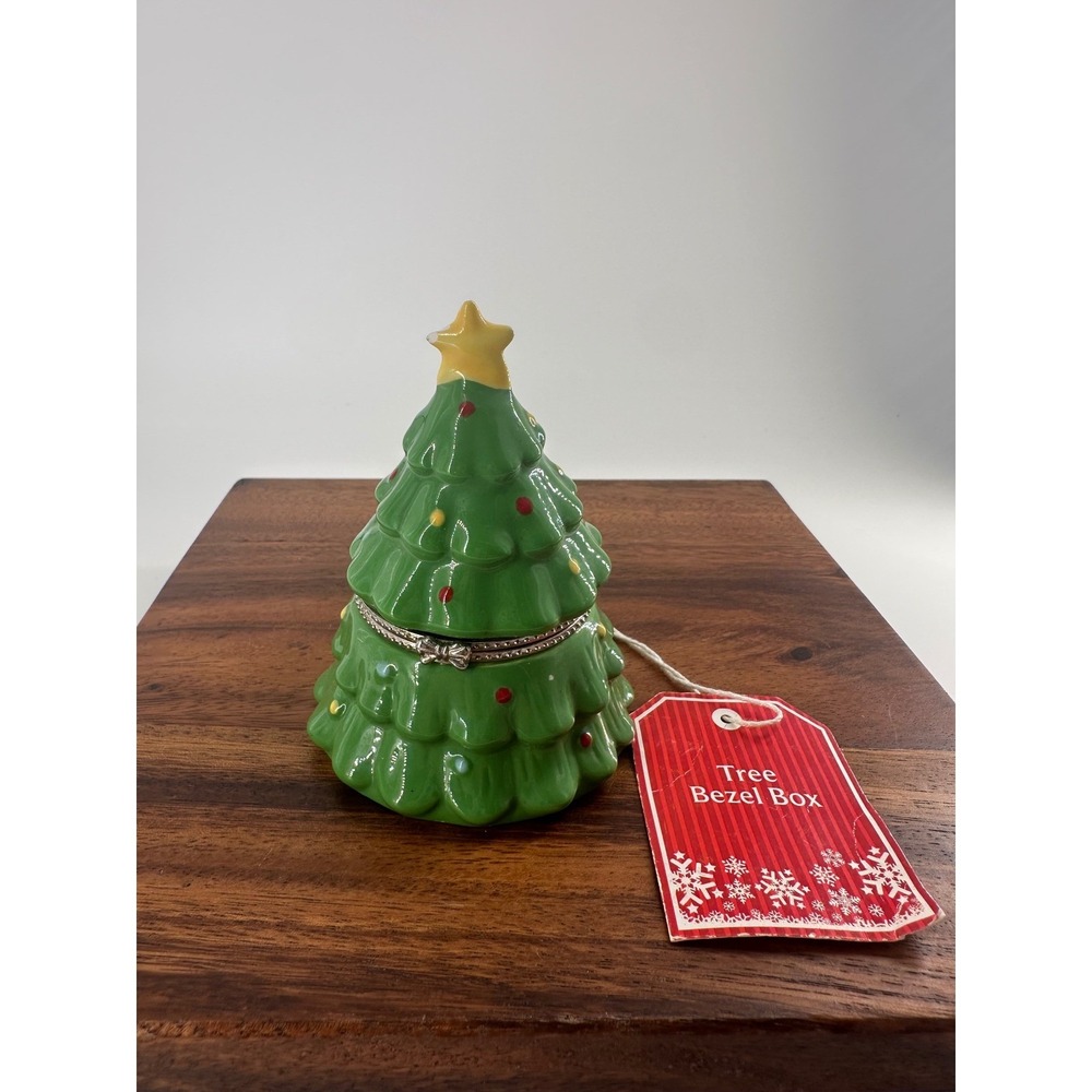 Ceramic Christmas Tree Bezel Box Holiday Trinket Keepsake Star Topper Green